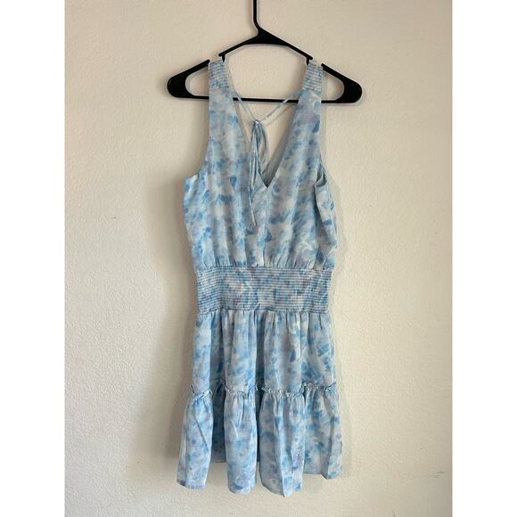 KLD Signature Blue Watercolor Sleeveless Smocked  Mini Dress V Neck Size Medium - Picture 8 of 12